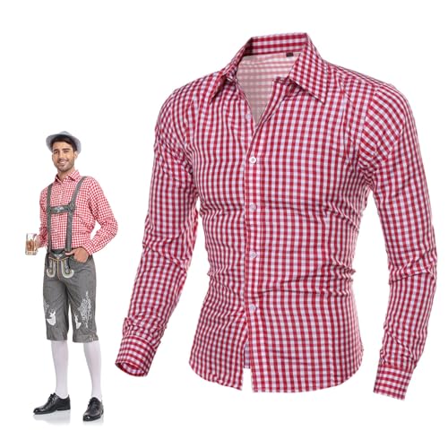 Trachtenhemd Herren Oktoberfest Hemd Outfit Tracht Kariertes Hemd Blau Rot Trachtenhemden Männer Weiß Freizeithemd Langarm Bavarian Karohemd Baumwolle Traditionelles Bayrischen (001-Red, M) von Generic