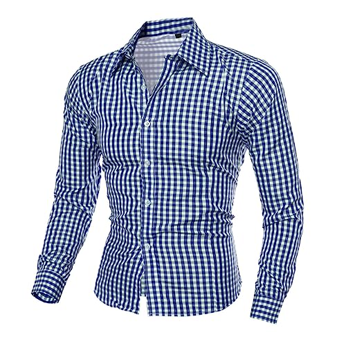 Trachtenhemd Herren Oktoberfest Hemd Outfit Tracht Kariertes Hemd Blau Rot Trachtenhemden Männer Weiß Freizeithemd Langarm Bavarian Karohemd Baumwolle Traditionelles Bayrischen (Blue-1, L) von Generic