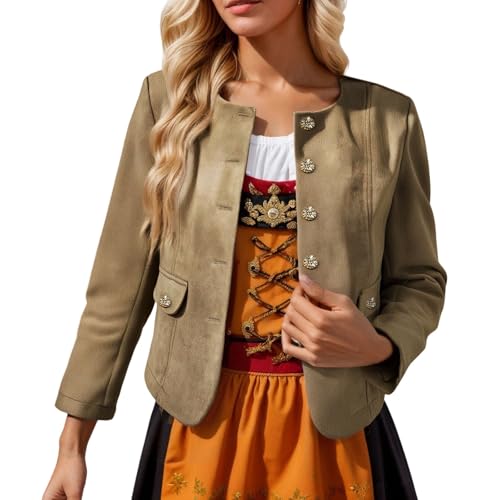 Trachtenjacke Damen Kurze Trachten Strickjacke Elegante Dirndl Jacke Trachtenjanker mit Knöpfen Oktoberfest Outfit Lodenjacke Festliche Trachtenblazer Dirndljacke Cardigan Bolero Jäckchen (Khaki, M) von Generic