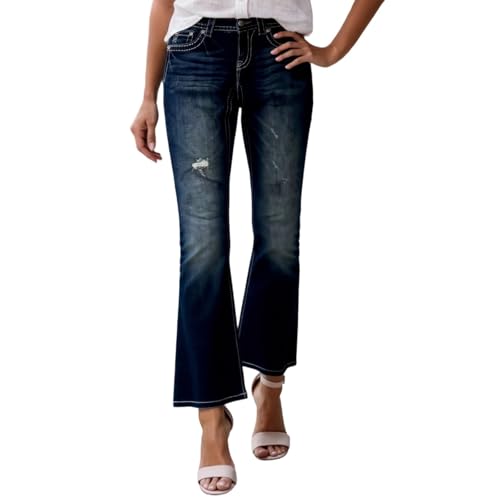 Trachtenjeans Damen 7/8 Trachtenhose Trachten Schlagjeans High Waist Stretch Jeans-Hose Retro Bootcut Trachten Lederhose Oktoberfest Denim Trachtenhose Bayerische Trachtenmode Jeanshose (Blau, S) von Generic