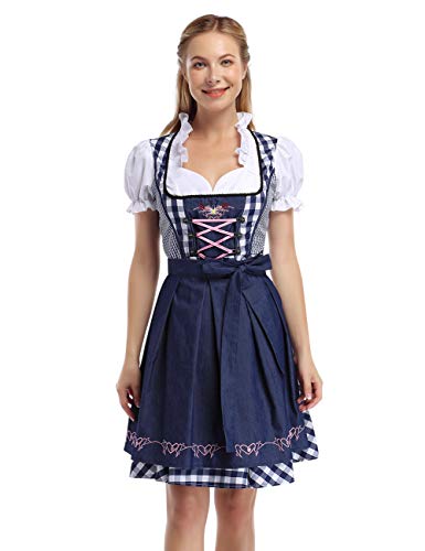 Trachtenkleid Damen Dirndl Trachtenmode Kleidung Oktoberfest Kleid mit Stickerei Karneval Kostüm Jean Blau 34 von Generic