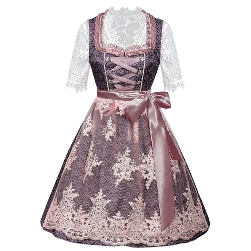 Trachtenkleid Damen elegant Dirndl Frauen Trachten Midi Dirndlkleid Tachtenkleid Dirndelkleider für Oktoberfest mit Spitzenschürze Outfit Coffee S von Generic