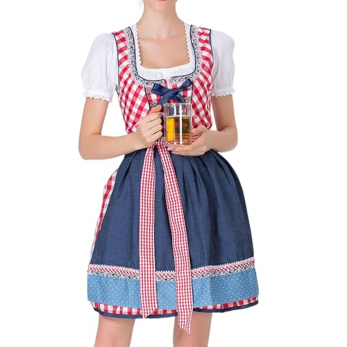 Trachtenkleid Damen modern Oktoberfest Dirndl Damen Traditionelles Bavarian Kleid - Blumenmuster Spitze Puffärmel - Fest & Alltag Tracht Red L von Generic