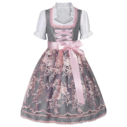 Trachtenkleid Mädchen Oktoberfest Dirndl 3 TLG Kleid Bayerisches Besondere Anlässe Kostüm Dirndl Set Oktoberfest Trachten Bierfest Kinderdirndl (DE/NL/SE/PL, Alter, 9 Jahre, 10 Jahre, Regular, Grau) von Generic