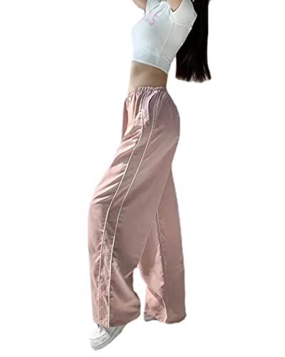 Track Pants Damen Parachute Pants Y2k Hosen Baggy Cargohose Fallschirmhose Teenager Y2K Weites Bein Track Pants Vintage Baggy Hosen Frauen 90er Streetwear Freizeithose Pants (Rosa,S) von Generic