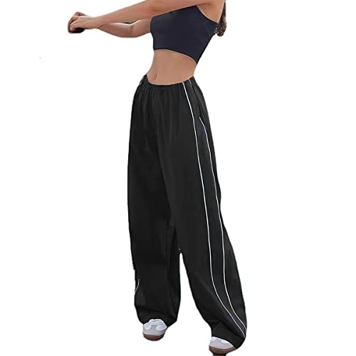 Track Pants Damen Parachute Pants Y2k Hosen Baggy Cargohose Fallschirmhose Teenager Y2K Weites Bein Track Pants Vintage Baggy Hosen Frauen 90er Streetwear Freizeithose Pants (Schwarz,M) von Generic