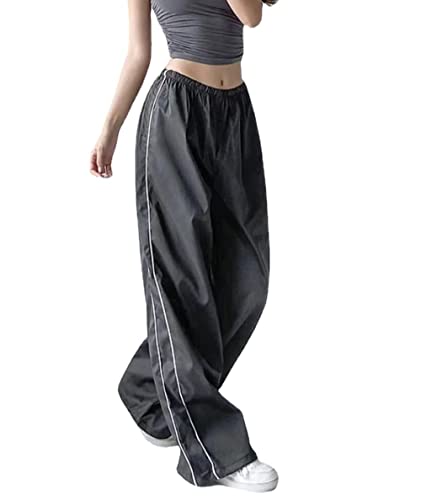 Track Pants Damen Parachute Pants Y2k Hosen Baggy Cargohose Fallschirmhose Teenager Y2K Weites Bein Track Pants Vintage Baggy Hosen Frauen 90er Streetwear Freizeithose Pants (dunkelgrau,L) von Generic