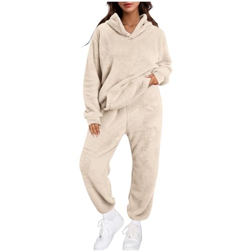 Tracksuit Set Damen Jogginganzug 2-Teilig Trainingsanzug Samt Jogging Set Sportlich Fitness Sweatsuits Zweiteiliger Freizeitanzug Einfarbig Elegant Sportanzug Langarm Freizeit Loungewear (Beige, L) von Generic