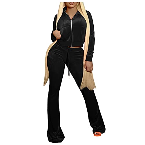 Tracksuit Y2K 2000S Damen - Punk Zweiteiler Sommer Curvy Streetwearl Vintage Samt Sportanzug Revers Strickjacke Mit Reißverschluss Slimfit Weite Beinhose Langarm Kurzes Tops Einfarbige Lounge Set von Generic