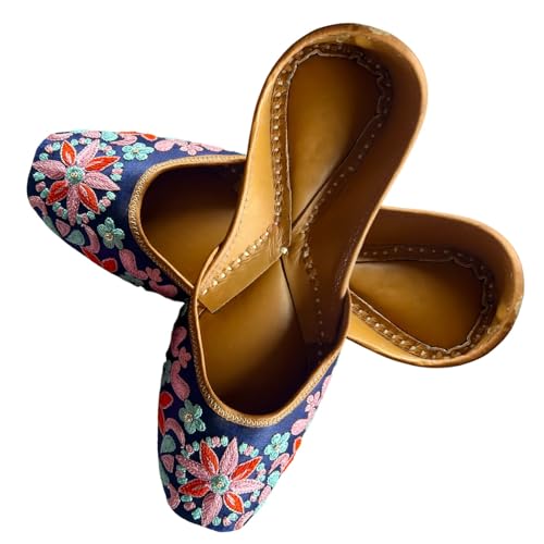 Traditionelle indische flache Schuhe für Damen, elegant, bequem, Phulkari Khussa, handgefertigter Punjabi-Jutti, ethnischer Moajris für lässige und festliche Anlässe, Fancy Blue, 39 EU von Generic