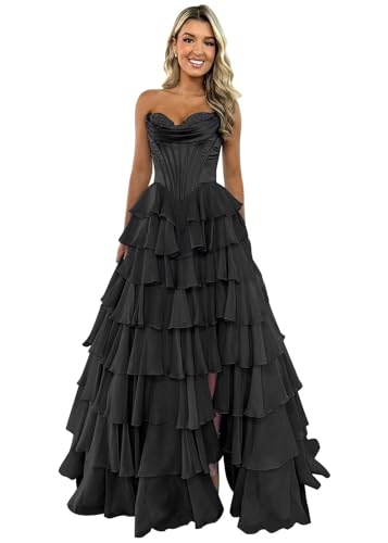 TräGerloses Korsett-Ballkleid FüR Frauen Lang A-LinieB allkleid Aus Chiffon Gestuftes Abendkleid Mit Schlitz Black XS von Generic