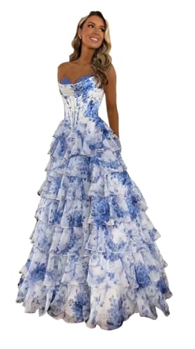 TräGerloses Korsett-Ballkleid FüR Frauen Lang A-LinieB allkleid Aus Chiffon Gestuftes Abendkleid Mit Schlitz Blue White L von Generic