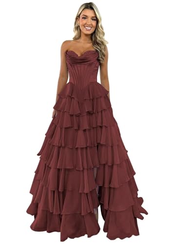 TräGerloses Korsett-Ballkleid FüR Frauen Lang A-LinieB allkleid Aus Chiffon Gestuftes Abendkleid Mit Schlitz Burgundy M von Generic