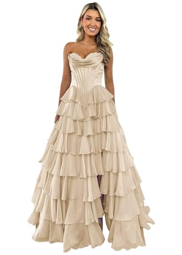 TräGerloses Korsett-Ballkleid FüR Frauen Lang A-LinieB allkleid Aus Chiffon Gestuftes Abendkleid Mit Schlitz Champagne L von Generic