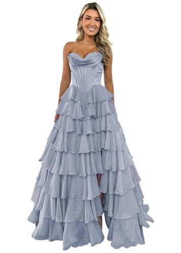 TräGerloses Korsett-Ballkleid FüR Frauen Lang A-LinieB allkleid Aus Chiffon Gestuftes Abendkleid Mit Schlitz Dusty Blue XS von Generic
