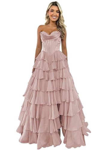 TräGerloses Korsett-Ballkleid FüR Frauen Lang A-LinieB allkleid Aus Chiffon Gestuftes Abendkleid Mit Schlitz Dusty Rose S von Generic