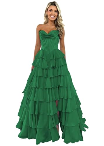 TräGerloses Korsett-Ballkleid FüR Frauen Lang A-LinieB allkleid Aus Chiffon Gestuftes Abendkleid Mit Schlitz Emerald Green L von Generic