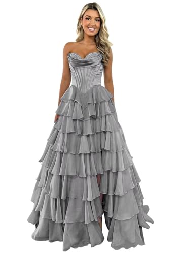 TräGerloses Korsett-Ballkleid FüR Frauen Lang A-LinieB allkleid Aus Chiffon Gestuftes Abendkleid Mit Schlitz Grey XS von Generic
