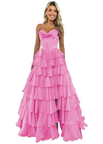 TräGerloses Korsett-Ballkleid FüR Frauen Lang A-LinieB allkleid Aus Chiffon Gestuftes Abendkleid Mit Schlitz Hot Pink XS von Generic