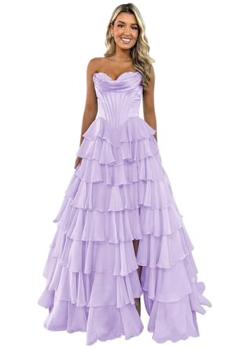 TräGerloses Korsett-Ballkleid FüR Frauen Lang A-LinieB allkleid Aus Chiffon Gestuftes Abendkleid Mit Schlitz Lavender XXS von Generic