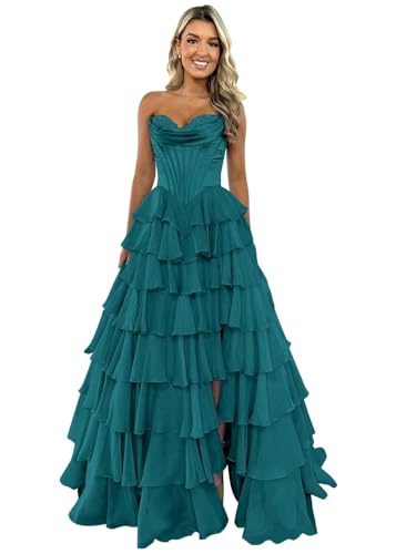 TräGerloses Korsett-Ballkleid FüR Frauen Lang A-LinieB allkleid Aus Chiffon Gestuftes Abendkleid Mit Schlitz Peacock S von Generic