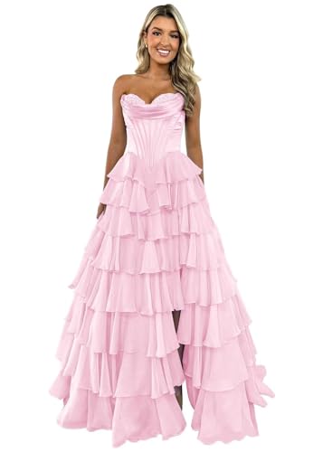TräGerloses Korsett-Ballkleid FüR Frauen Lang A-LinieB allkleid Aus Chiffon Gestuftes Abendkleid Mit Schlitz Pink M von Generic