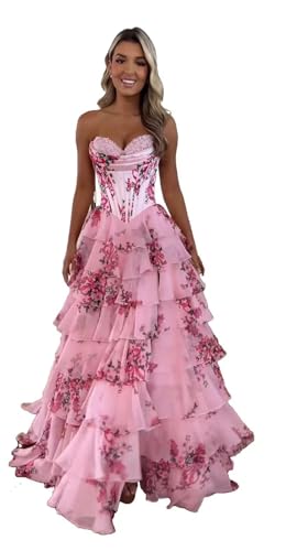 TräGerloses Korsett-Ballkleid FüR Frauen Lang A-LinieB allkleid Aus Chiffon Gestuftes Abendkleid Mit Schlitz Pink White 5XL von Generic