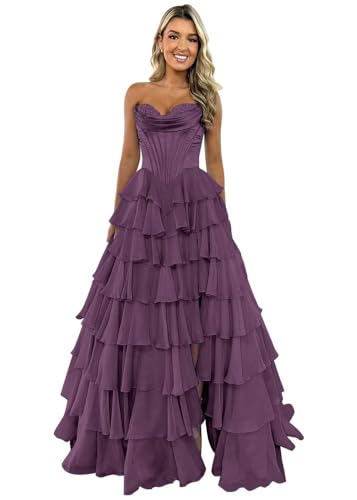 TräGerloses Korsett-Ballkleid FüR Frauen Lang A-LinieB allkleid Aus Chiffon Gestuftes Abendkleid Mit Schlitz Plum XS von Generic