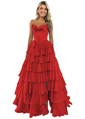 TräGerloses Korsett-Ballkleid FüR Frauen Lang A-LinieB allkleid Aus Chiffon Gestuftes Abendkleid Mit Schlitz Red XXL von Generic