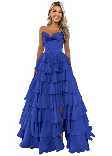 TräGerloses Korsett-Ballkleid FüR Frauen Lang A-LinieB allkleid Aus Chiffon Gestuftes Abendkleid Mit Schlitz Royal Blue XL von Generic