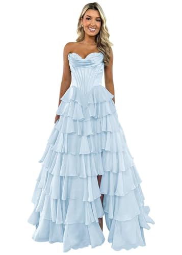 TräGerloses Korsett-Ballkleid FüR Frauen Lang A-LinieB allkleid Aus Chiffon Gestuftes Abendkleid Mit Schlitz Sky Blue XS von Generic