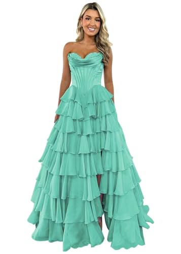 TräGerloses Korsett-Ballkleid FüR Frauen Lang A-LinieB allkleid Aus Chiffon Gestuftes Abendkleid Mit Schlitz Turquoise S von Generic
