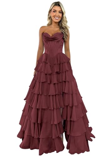 TräGerloses Korsett-Ballkleid FüR Frauen Lang A-LinieB allkleid Aus Chiffon Gestuftes Abendkleid Mit Schlitz Wine Red M von Generic