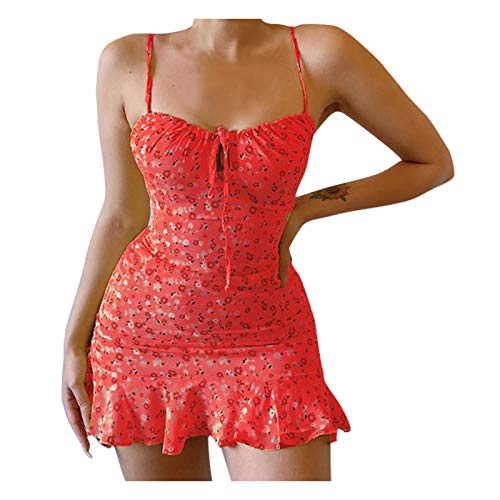 Trägerkleid Damen Sommer Sexy Slim-Fit Strandkleid Ärmellos Spaghettiträger Korsett Kleid Mit Strappy Kurz A-Linie Saum Blumenkleid Mode Freizeitkleid Mini Kleid Partykleid Wickelkleid von Generic