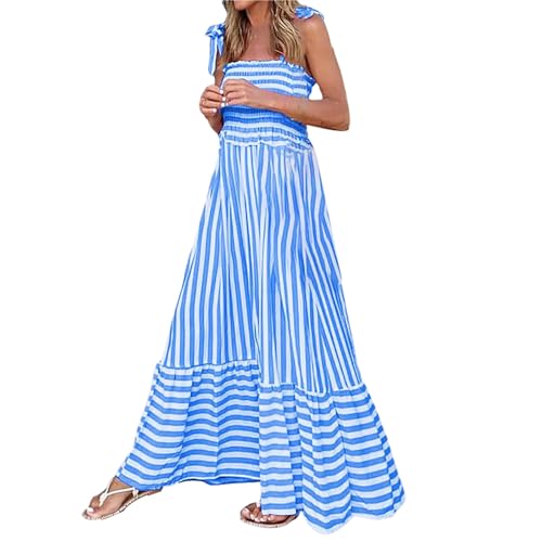 Trägerkleid Kleid Lang Maxikleid Elegant Kleider Damen Sommerkleider Damen Knielang Blau Weiss Gestreiftes Sommer Lang Casual Freizeitkleid Strandkleid Damen Women's Striped Printed Dress von Generic