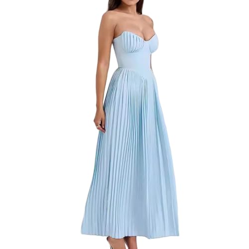 Trägerloses Plissee Lang Kleid für Damen, Ärmelloses Schulterfreies Wickelkleid Lässiges Swing Cocktail Kleider von Generic