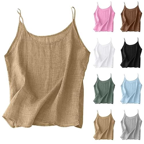 Trägertop Damen Kurz Spaghettiträger Top Lockere Rundhalsausschnitt Oberteile Leichte Tanktop Sommer Elegant Einfarbig Blusentops Baumwolle Leinen Tank Tops Strand Sommerblus Weste von Generic