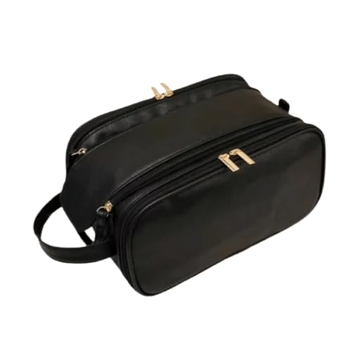Tragbare Kosmetiktasche for Damen, einfarbig, mit Doppelreißverschluss, Aufbewahrungstasche aus PU-Leder for Toilettenartikel(Black) von Generic