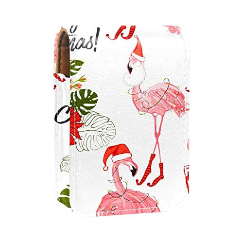Tragbare Lippenstift-Hülle für Reisen, Mini-Lippenstift-Aufbewahrungsbox mit Spiegel für Frauen und Damen, Leder-Kosmetiktasche, niedlicher rosa Flamingo mit Weihnachtsmütze, Mehrfarbig, 9.5x2x7 cm/3.7x0.8x2.7 in von Generic