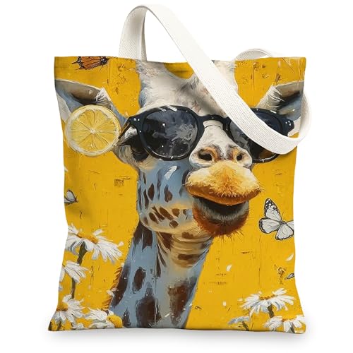 Tragetasche aus Segeltuch mit Giraffen-Motiv, lustiges Tiermuster, wiederverwendbar, leicht, waschbar, Schulterriemen, Leinentaschen für Fitnessstudio, gelb, 13x15 Inch von Generic