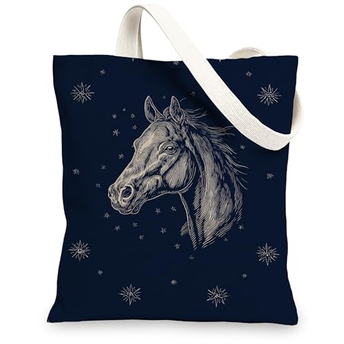 Tragetasche aus Segeltuch mit Pferdemotiv, wiederverwendbar, künstlerisch, leicht, waschbar, Schultergurt, Segeltuch, Marineblau, 13x15 Inch von Generic