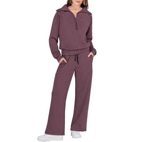 Trainingsanzug Damen Set Elegant | Freizeitanzug Damen Baumwolle Lang | Casual Jogginganzug Ohne Kapuze Trainingsanzug Sportanzug 2-Teiliges Set Kuschelig Hosenanzug Mit Weitem Bein Hausanzug von Generic