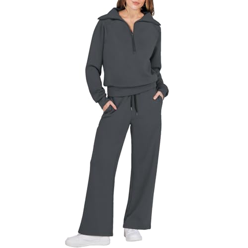 Trainingsanzug Damen Set Elegant | Freizeitanzug Damen Baumwolle Lang | Casual Jogginganzug Ohne Kapuze Trainingsanzug Sportanzug 2-Teiliges Set Kuschelig Hosenanzug Mit Weitem Bein Hausanzug von Generic