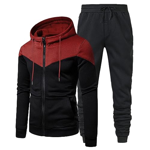 Trainingsanzug Herren, Herren Jogginganzug Männer Sportanzug Fitness Outfit Streetwear Tracksuit Jogginghose Hoodie-Sporthose Sportkleidung Farbblock Freizeitanzug Langarm Kapuzenpullover von Generic