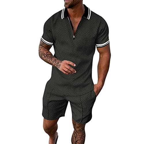 Trainingsanzug Herren, Zweiteiler Herren Sommer 2-Teilig Zip Einfarbig Kurzarm T-Shirt mit Revers + Kurze Hose Freizeitanzug Streetwear Outfit Hausanzug Beach Strand Shirt Kurze Hose Set Anzug von Generic