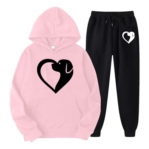 Trainingsanzug-Set mit Kapuze für Damen, bedruckt mit Hund und Herz, langärmlig, Sweatshirt und Hose, zweiteilig, warm, mit Taschen, Sweatshirt, Oversize, dick, lässig, robust Trainingsanzug-Set mit Kapuze für Damen, bedruckt mit Hund und Herz, langärmlig, Sweatshirt und Hose, zweiteilig, warm, mit Taschen, Sweatshirt, Oversize, dick, lässig, robust von Generic