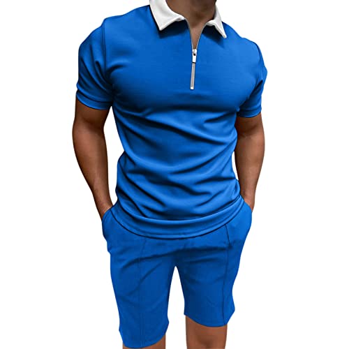 Trainingsanzug für Herren Sommer Sportanzug 2 Teiliges Outfit Sport Set Kurzarm T-Shirts + Kurze Hose Freizeitanzug Männer Business Polo Hemd mit Revers Mode Sporthose (Dunkelblau, L) von Generic