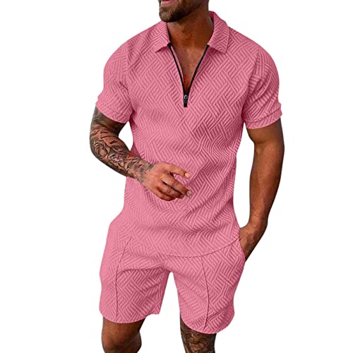 Trainingsanzug für Herren Sommer Sportanzug 2 Teiliges Outfit Sport Set Kurzarm Tops T-Shirts Kurze Hose Sets Hawaii Freizeitanzug Männer Freizeit Business Shirt Hemd + Sporthose Shorts (Pink, L) von Generic