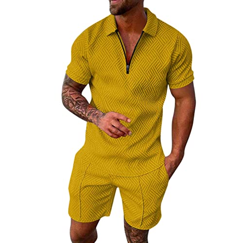 Trainingsanzug für Herren Sommer Sportanzug 2 Teiliges Outfit Sport Set Kurzarm Tops T-Shirts Kurze Hose Sets Hawaii Freizeitanzug Männer Freizeit Business Shirt Hemd + Sporthose Shorts (Yellow, XXXL) von Generic