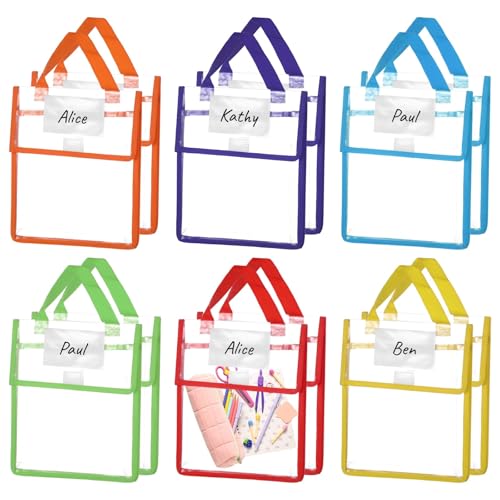 Transparente wasserdichte Buchtaschen mit Griffen und leeren Namensschildern, transparente PVC-Tragetaschen, 30 x 26 x 2,5 cm, für Zuhause, Büro, Schule, 12 Stück von Generic